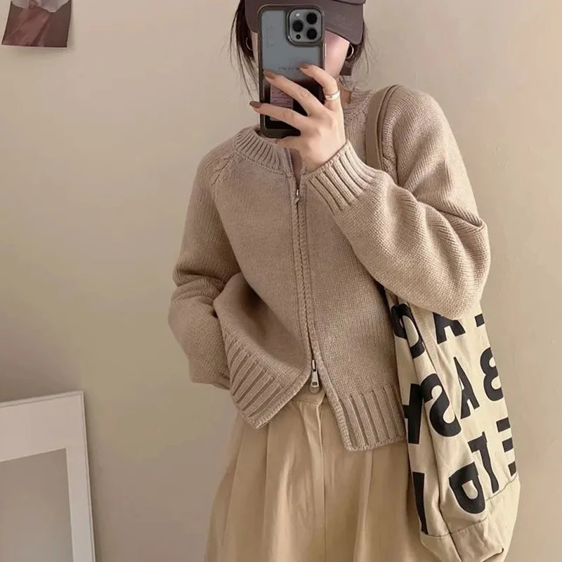 Gidyq Korean Women Cardigan Sweater Autumn Fashion Streetwear Loose Knitted Coat Casual Female Designed Double Zipper Jacket New