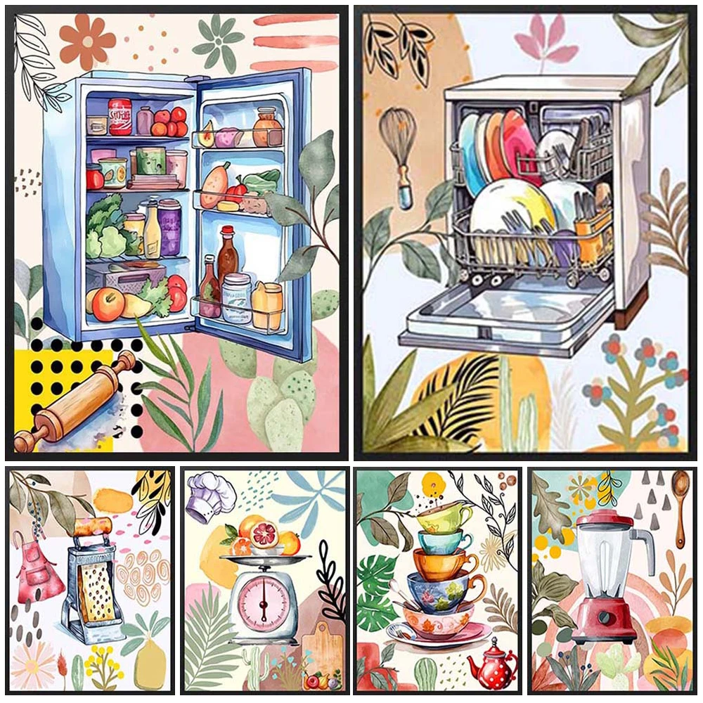 Kitchen Appliances Pictures - Cartoon keukenapparatuur vaatwasser prints poster muur