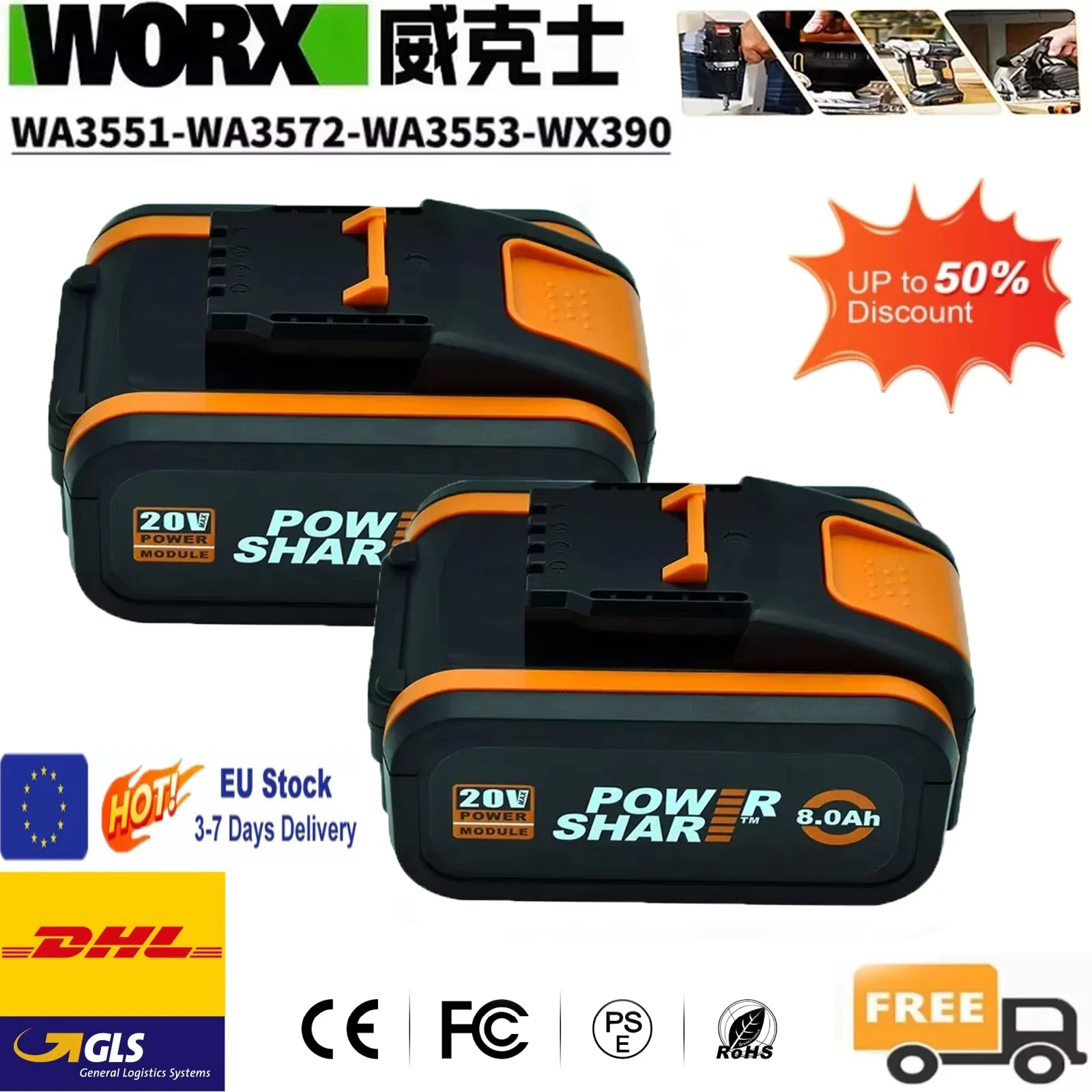 Batterie au lithium rechargeable Worx l20V 8,0Ah WA3553 WA3551 WA3553.1 WA3570 pour tous les outils électriques et de jardinage WORX