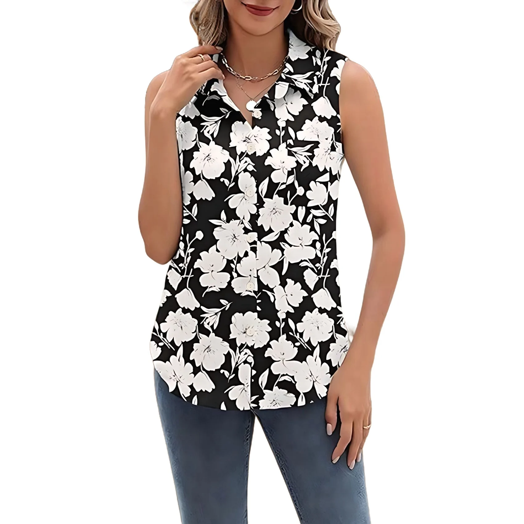 

AG-Womens Sleeveless Button Down Shirt Tops V Neck Business Casual Collared Blouses Tank Top