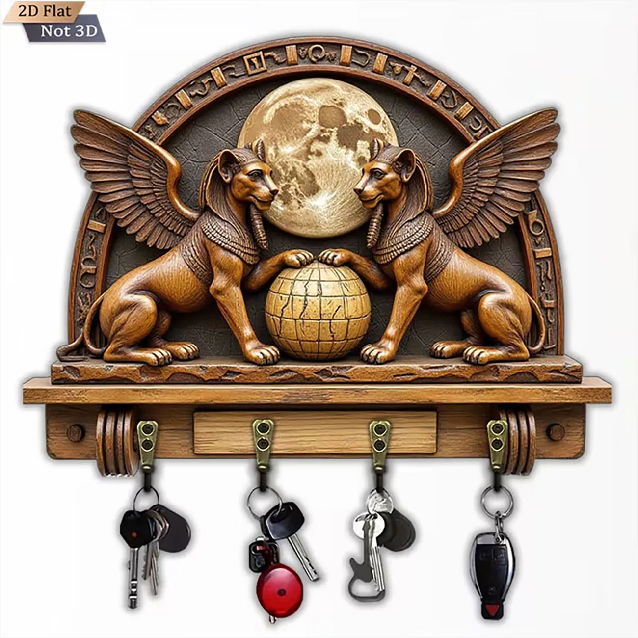 Wooden Key Holder Wall Decor 2D Flat Egyptian Winged Sphinx Moon Pattern 4 Hooks Key Rack for Home