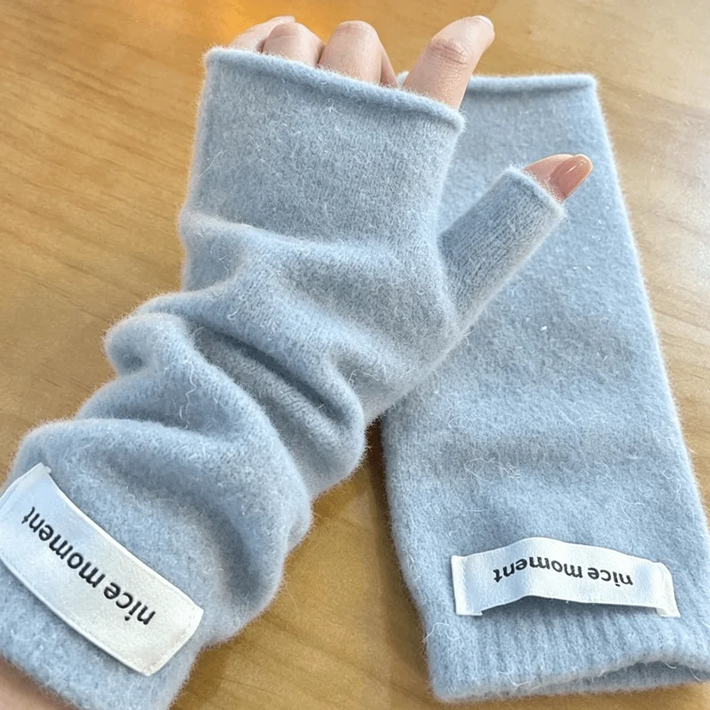 Casual Thick Warm Fingerless Knitted Gloves Faux Cashmere Soft Stretch Arm Warmers Solid Color Acrylic Fiber Hand Covers Office