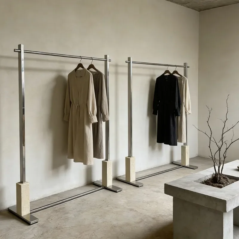 Women Stainless Steel Side Hanger Removable Middle Island Rack Clothing Display Floor to Ceiling Travertine Display Stand