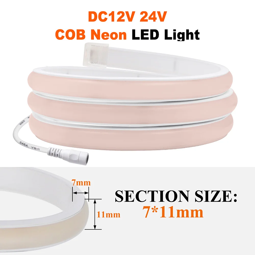 IP68 방수 COB LED 네온 스트립 조명, 조도 조절 320 LED, 유연한 리본, 고밀도 선형 조명, 홈 데코, 12V, 24V