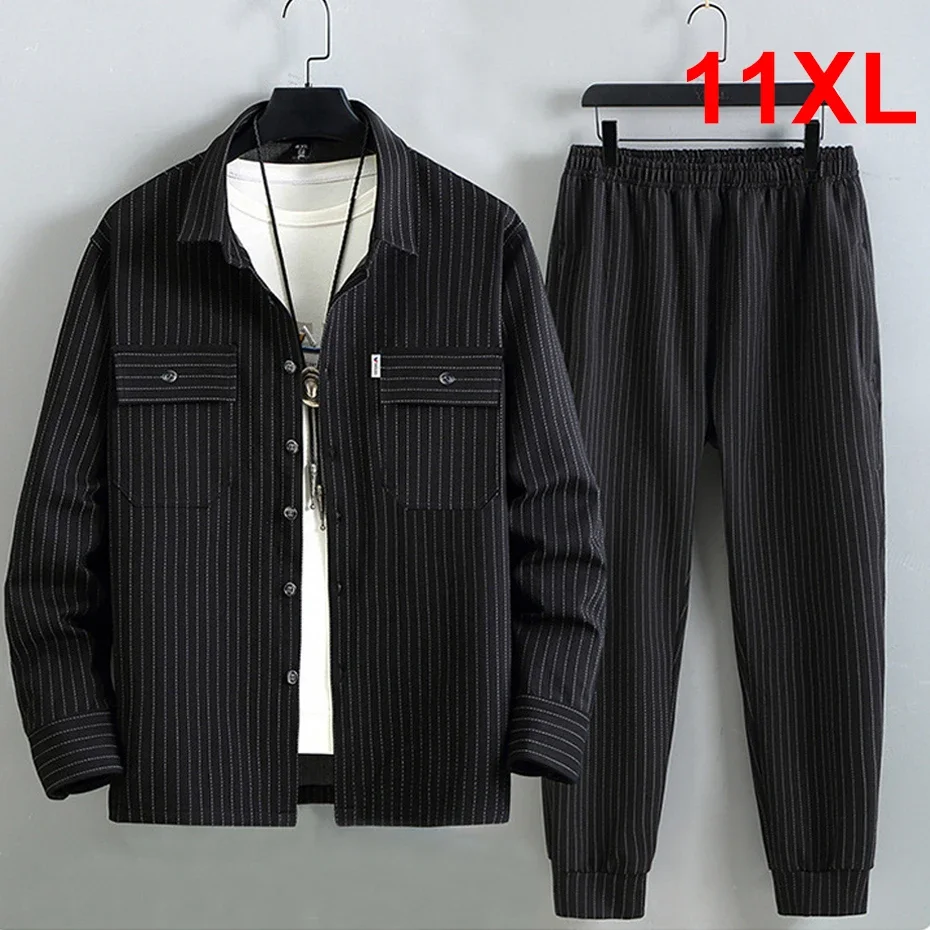 

DIANRUO Men's Stripe Sets Plus Size 10XL 11XL Cargo Shirts Pants Male Autumn Winter Thick Suits Fashion Casual Jacket Sets