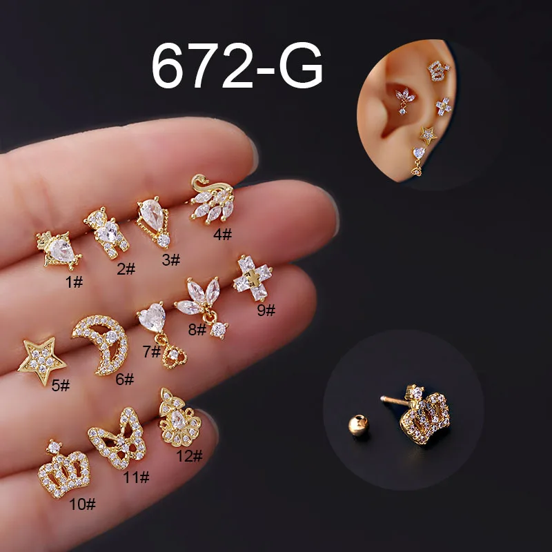 20G Gold/Silber Beschichtete Chirurgische Edelstahl Zirkonia Ohrstecker Piercing-Schmuck für Knorpel Helix Conch Ohren