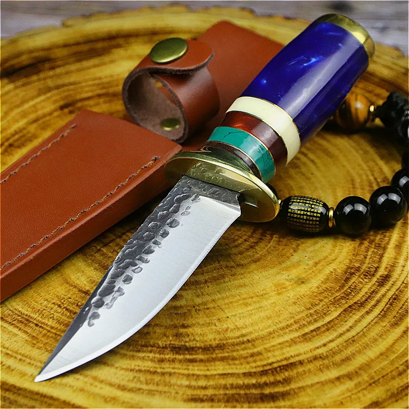 DEHONG  Classic brass resin handle forging straight knife camping bush blade hunting tactics straight knife + knife sleeve