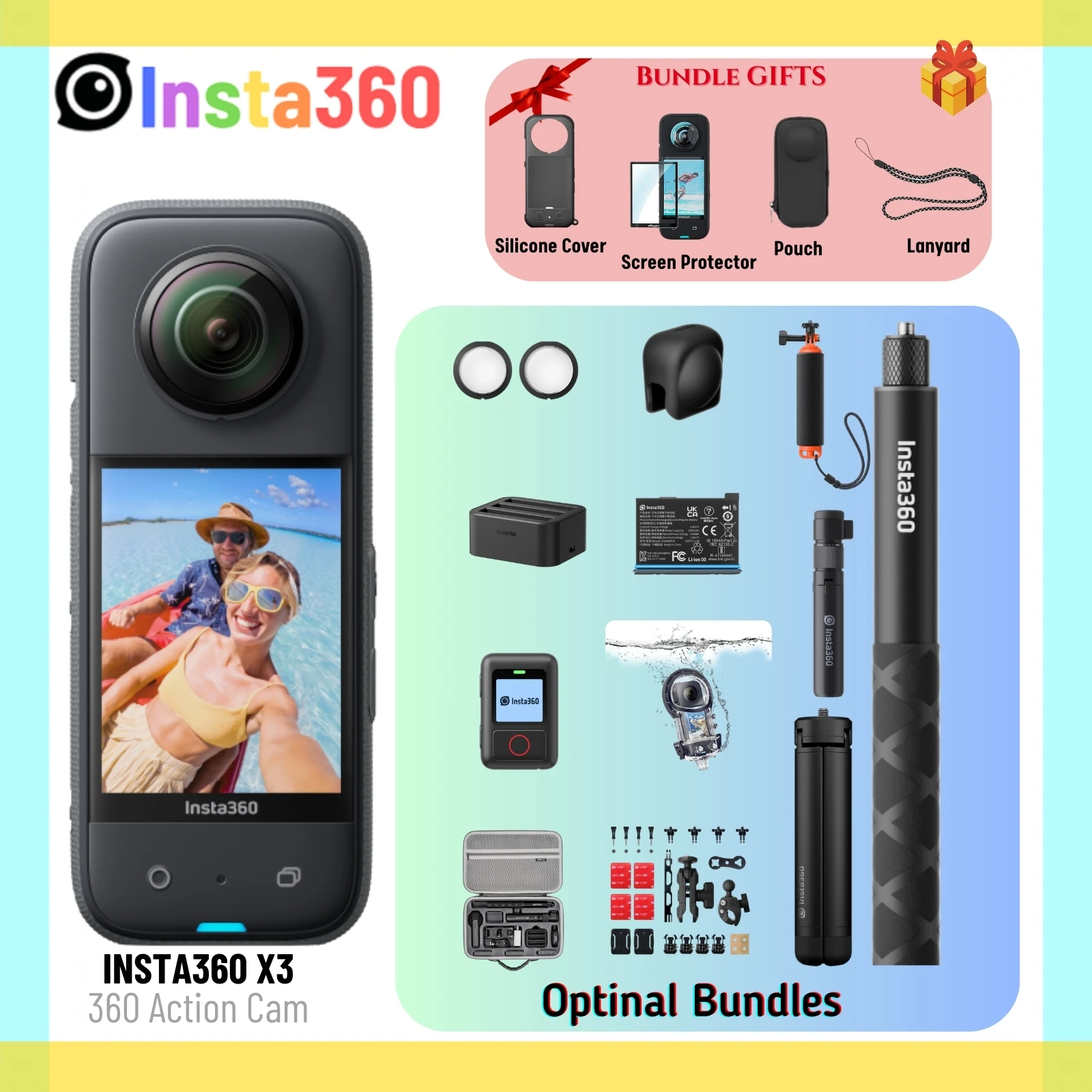 Insta360 X3 Pocket-Size Sports 360 Action Camera HDR 5.7K 360 72MP 2.29'' Touch Screen 1/2'' Sensor Insta 360 Original Cam