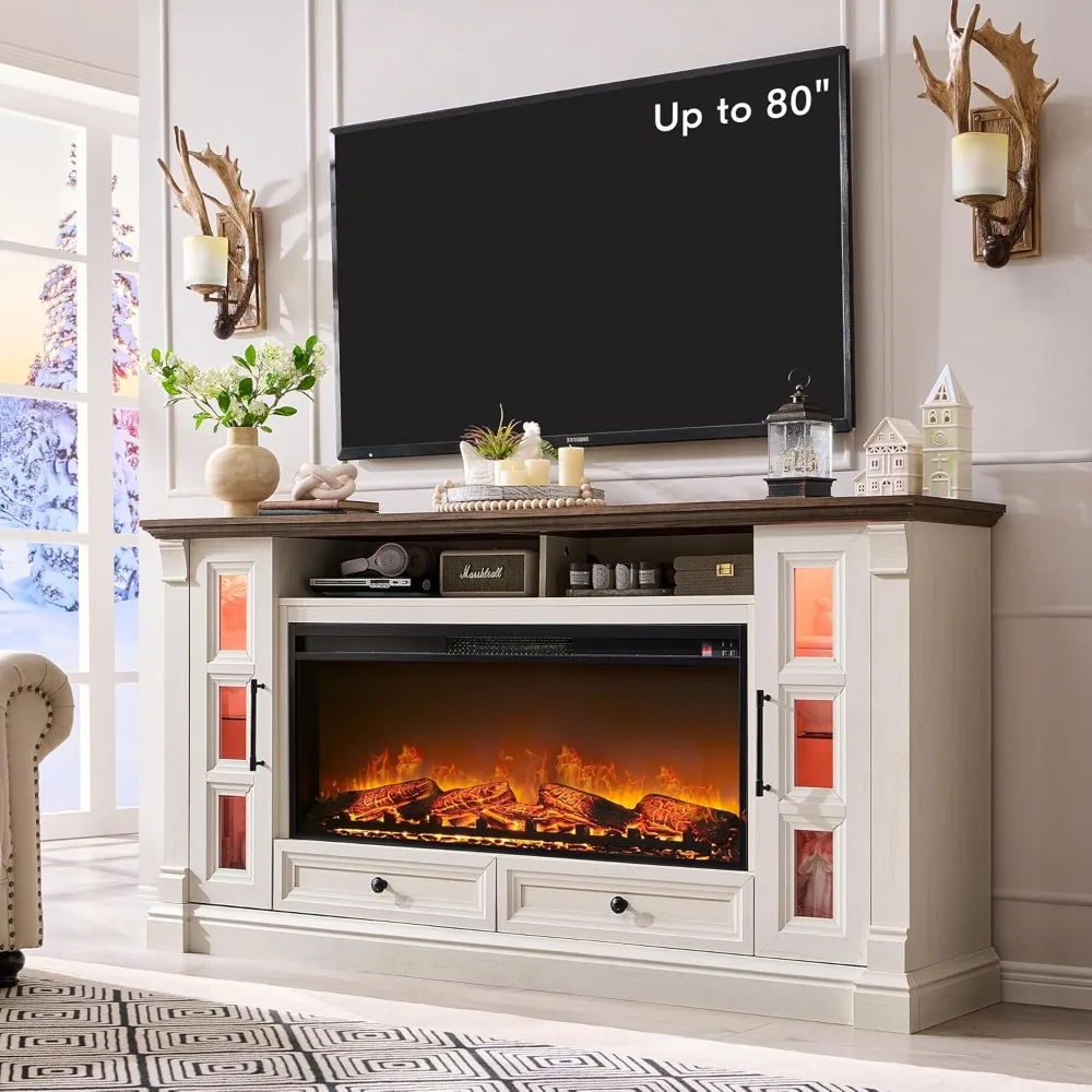 

Fireplace TV Stand for up-to-80 TV, Farmhouse 36" Tall Entertainment Center with 42" Electric Fireplace, Media Console with Gla