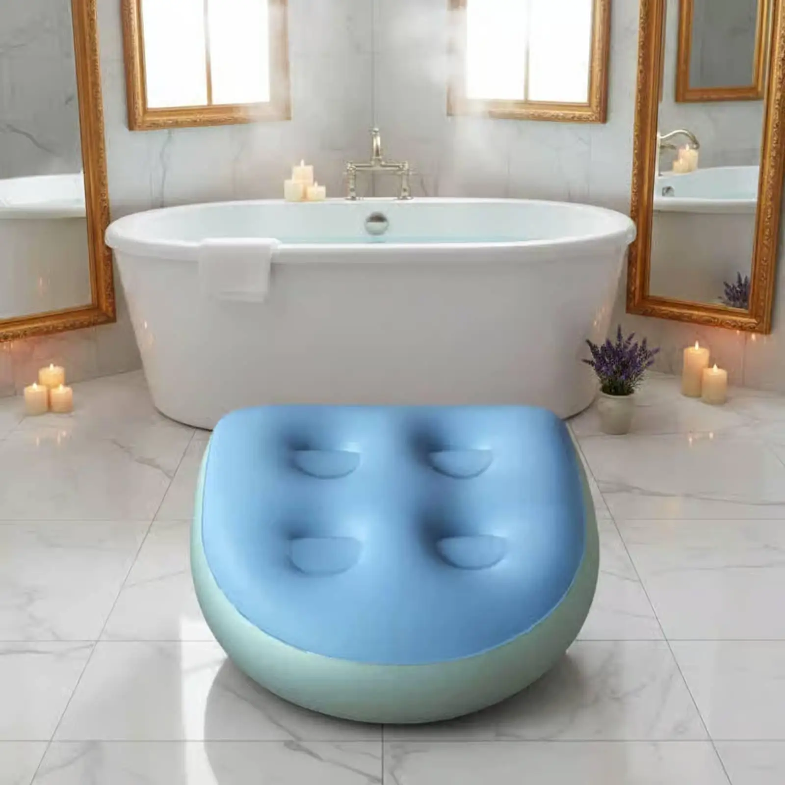 Inflatable bath for seat with suction cups, massage surface, spa riser