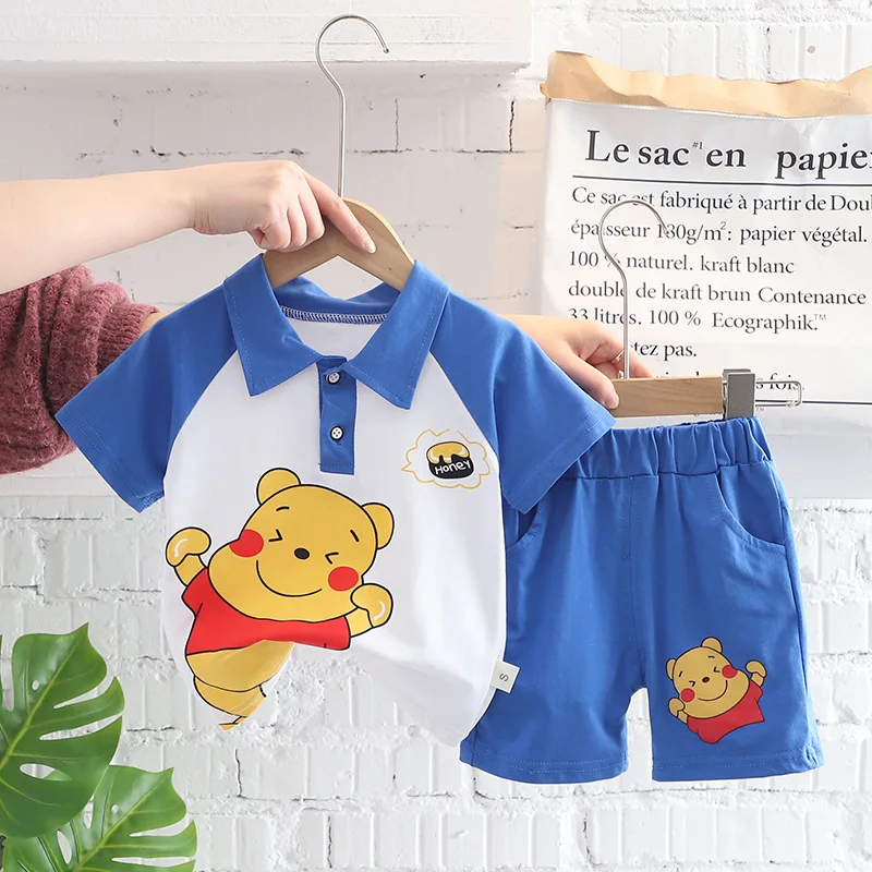 Disney Winnie The Pooh Children\'s Suit Baby Boys Girls Summer Lapel T Shirt Cartoon Shorts 2Piece Set Toddler Kids Clothing Suit