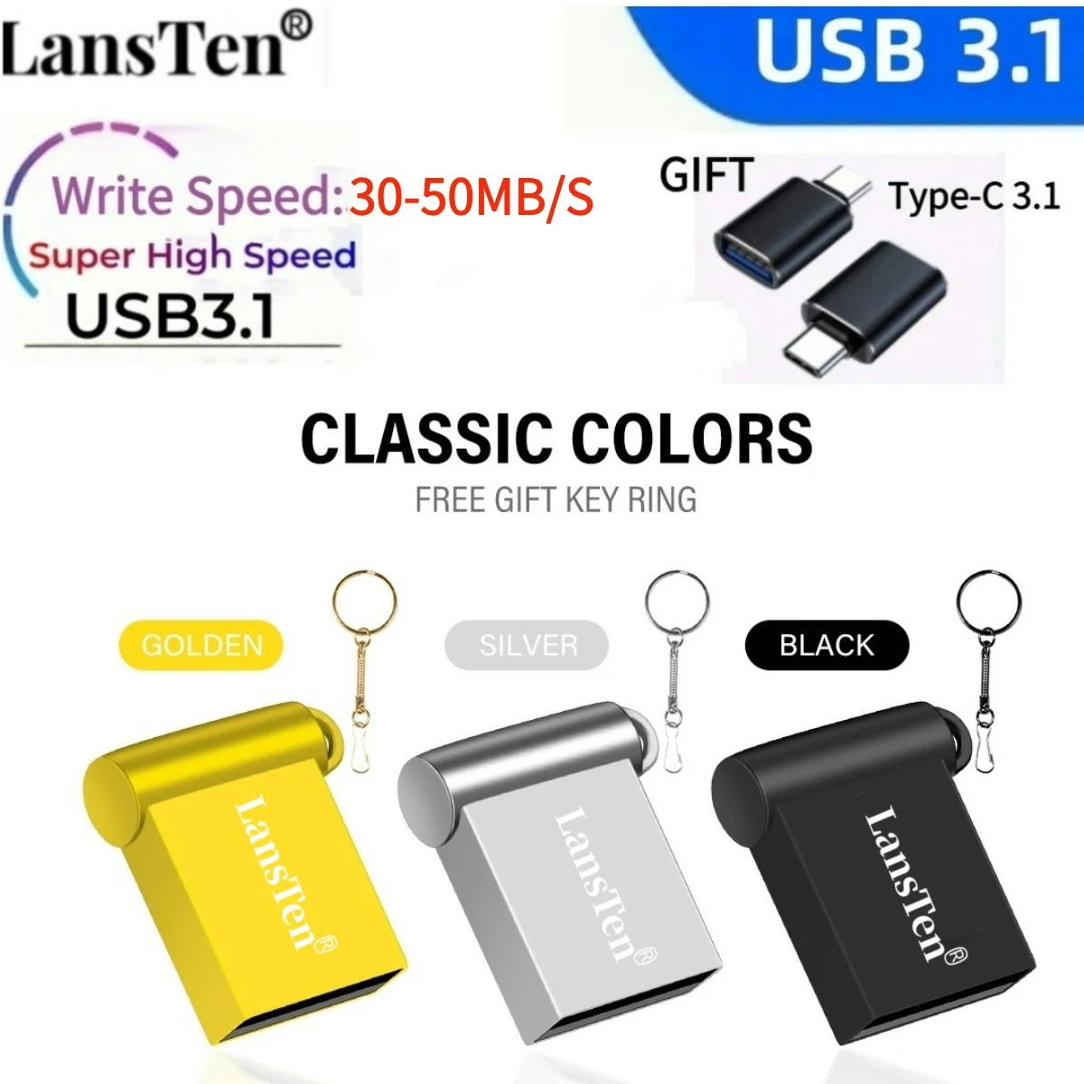 

Super Mini USB 3.1 Flash Drive Waterproof Pendrive 128GB 64GB 32GB Real Capacity USB Memory Stick With USB3.1 to TYPE-C adapte