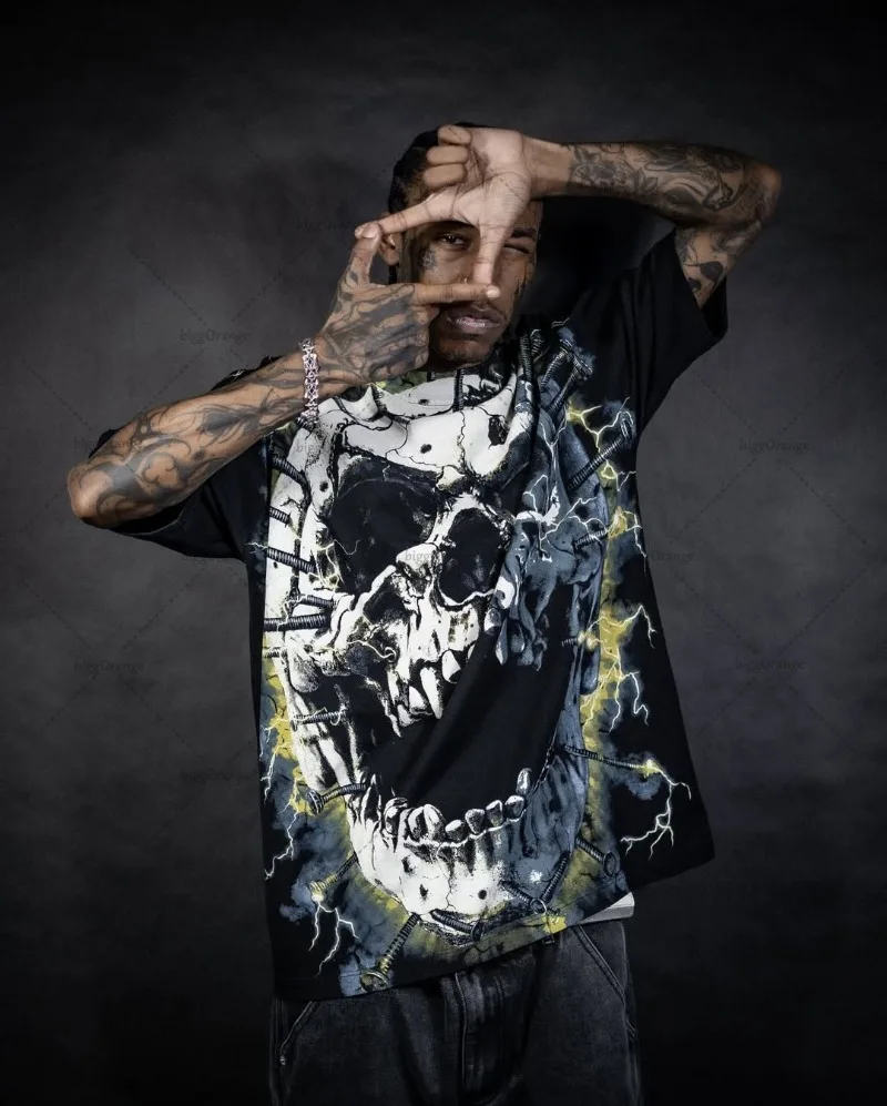 

2025 High Street Ретро Harajuku Y2K Уличная футболка с графическим рисунком в стиле хип-хоп, готический скелет, футболка большого размера из чистого хлопка, мужская футболка с боковой стороны