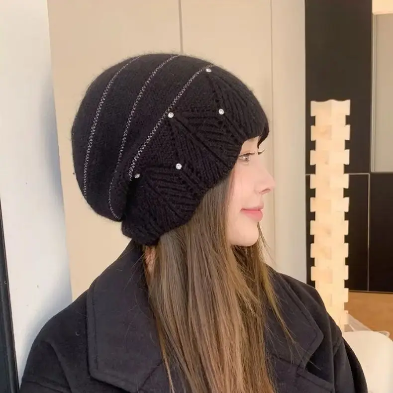 Elegant Lace Shimmering Faux Fur Hat Women Stylish Versatile Flattering Fleece Lined Warm Knitted Beanie.