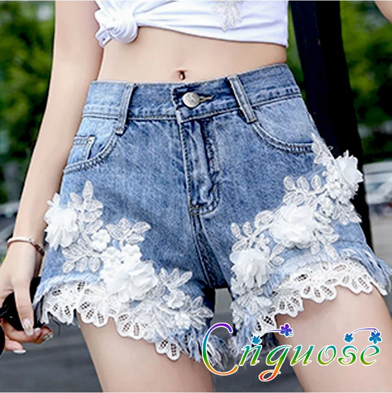 2022 Summer Fashion Casual Denim Street Short Femme White Big Flower Wide Leg Hot Pants Trend Mini Shorts Jeans for Women's