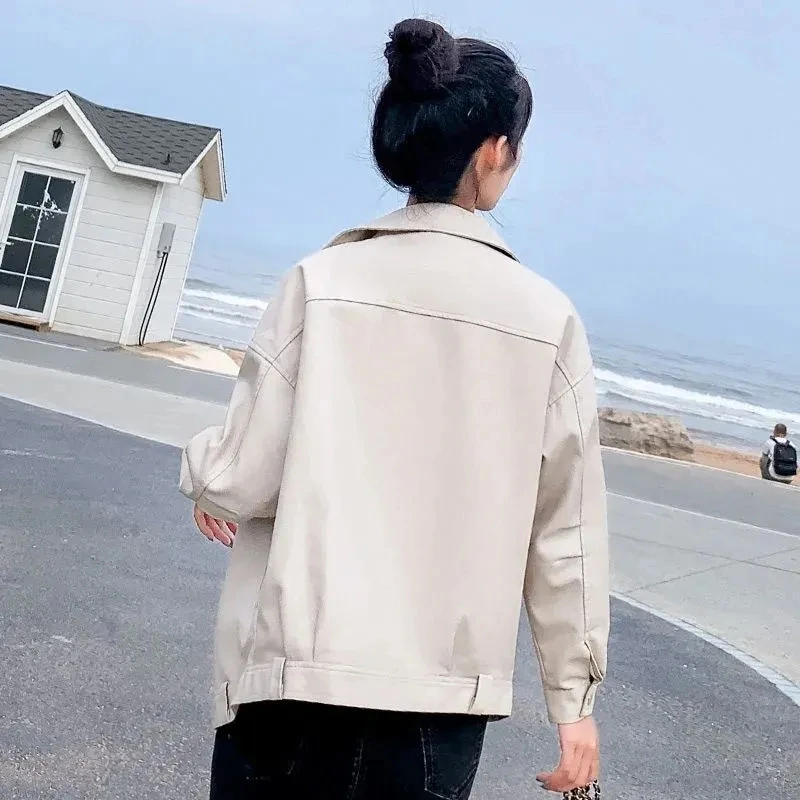 Women Autumn Pu Faux Soft Leather Motorcycle Zipper Jacket Coat Female Turndown Collar Slim Biker Coats Basic Streetwear