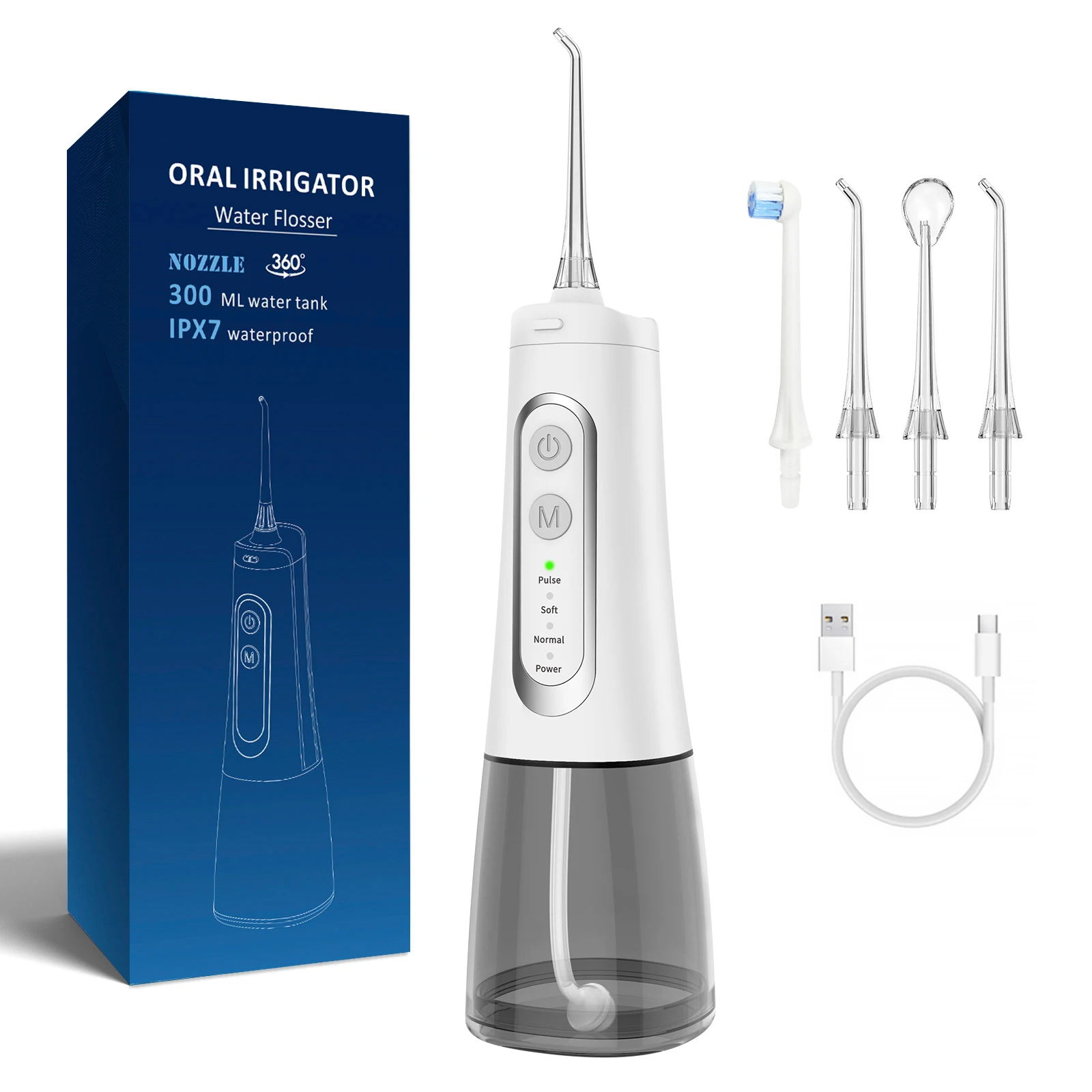 Portable Oral Irrigator Water Flossers Rechargeable Dental Water Jet Floss Tooth Pick 4 Modes Teeth Cleaner 300ml Tank 4Jet Tips