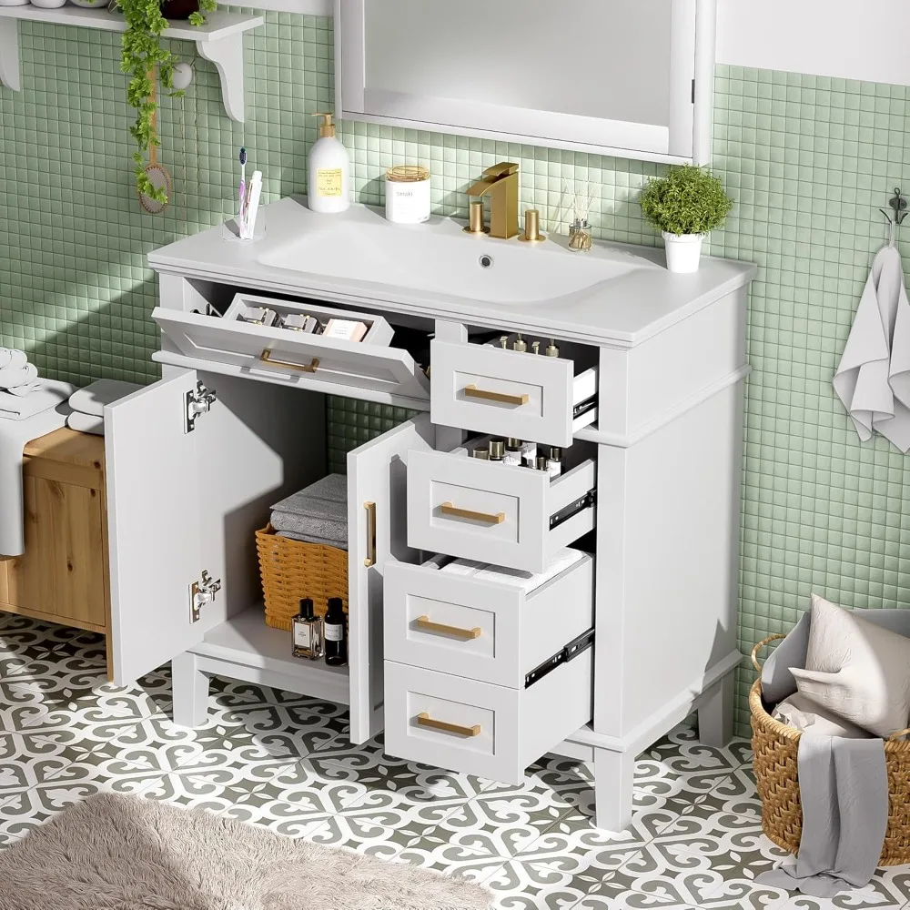 Meja wastafel kamar mandi kayu solid 36 inci dengan wastafel keramik dan 4 laci