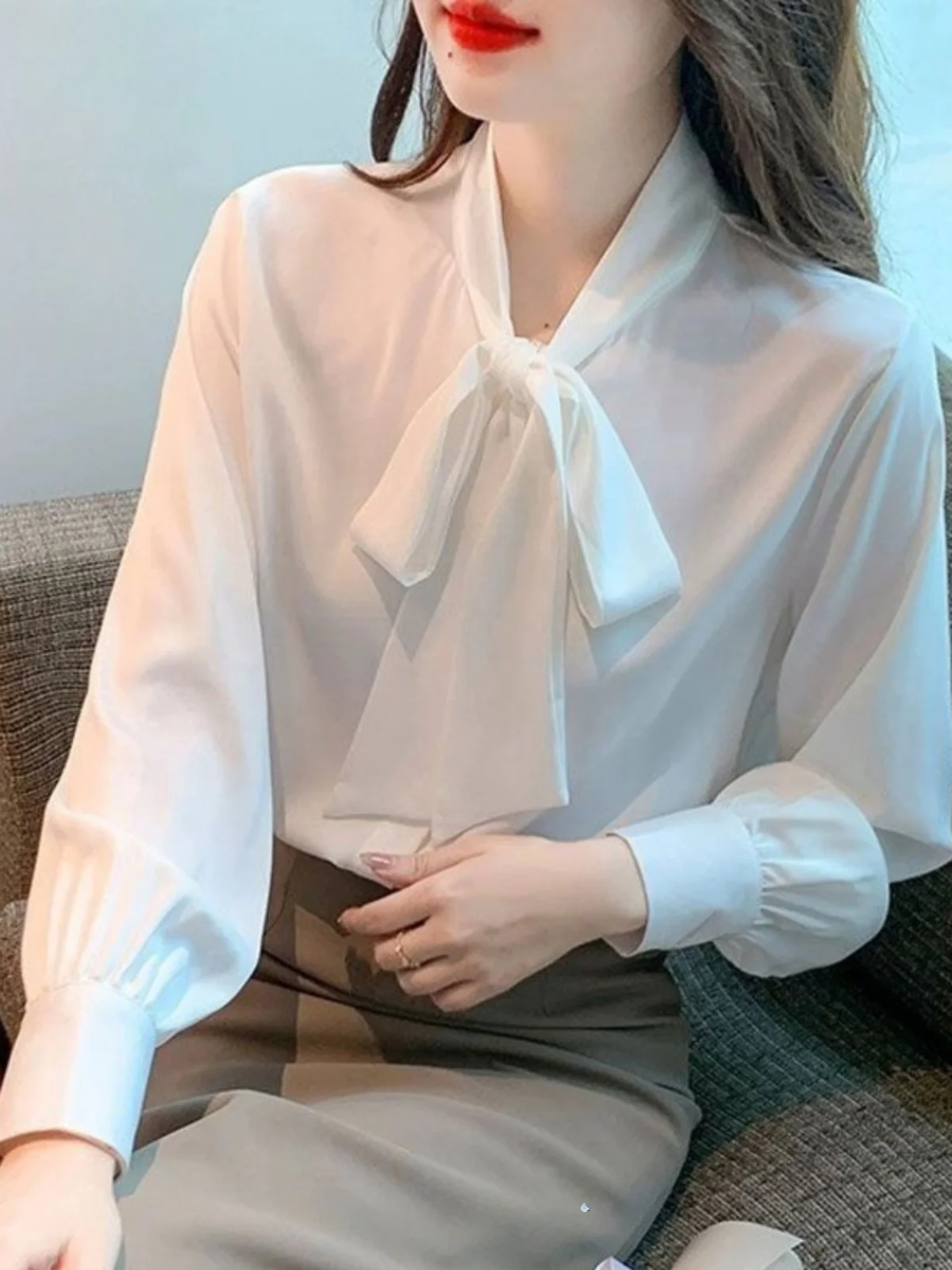 

Faionable Knot Profional Long Sve irt for Women Spring Autumn Season Polied Polyester V-ne irt