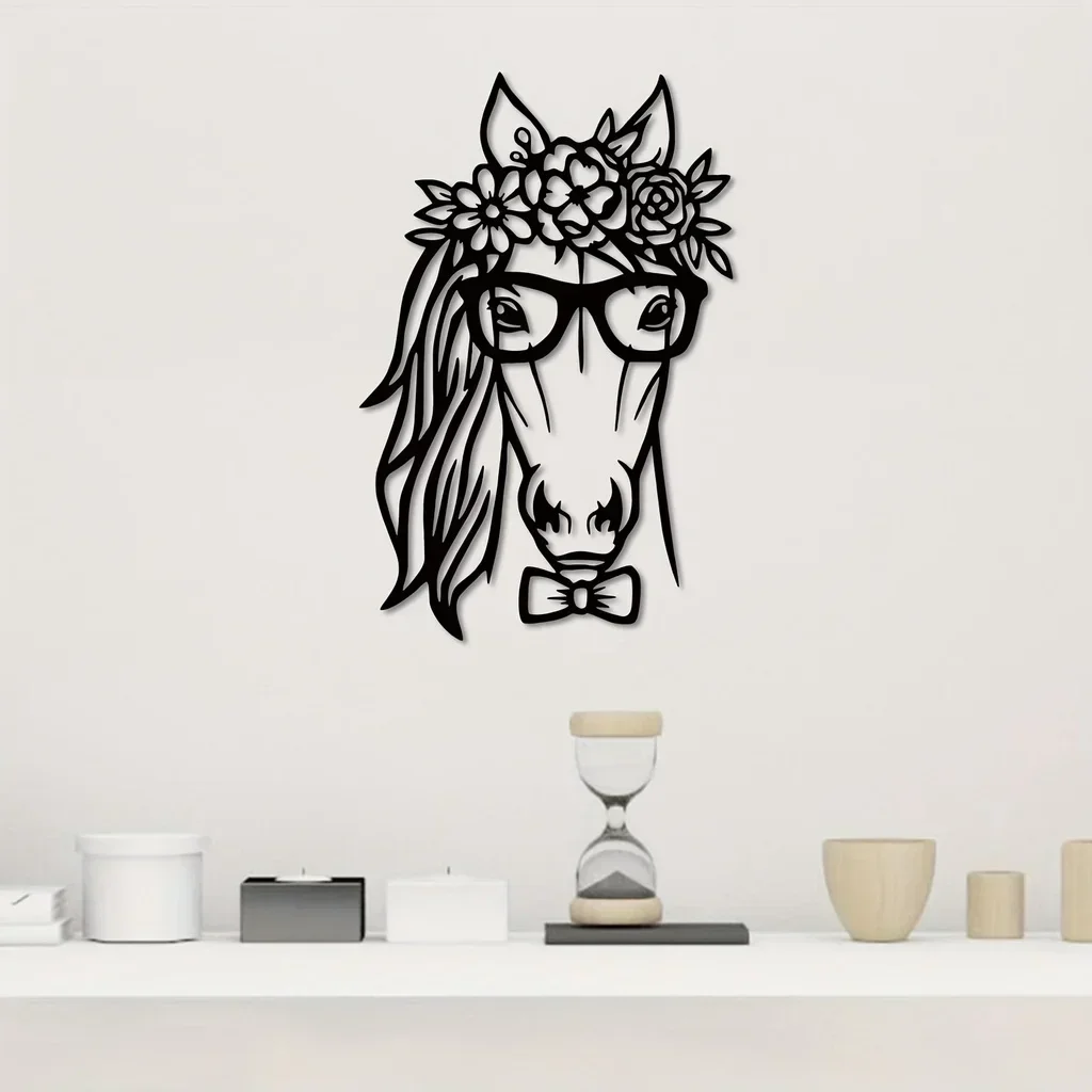 Horse Metal Home Decor, Unique Horse with Flowers Wall Hanging Decor Plaque Steel Art Geometric Bedroom Ornaments Cut Out Home