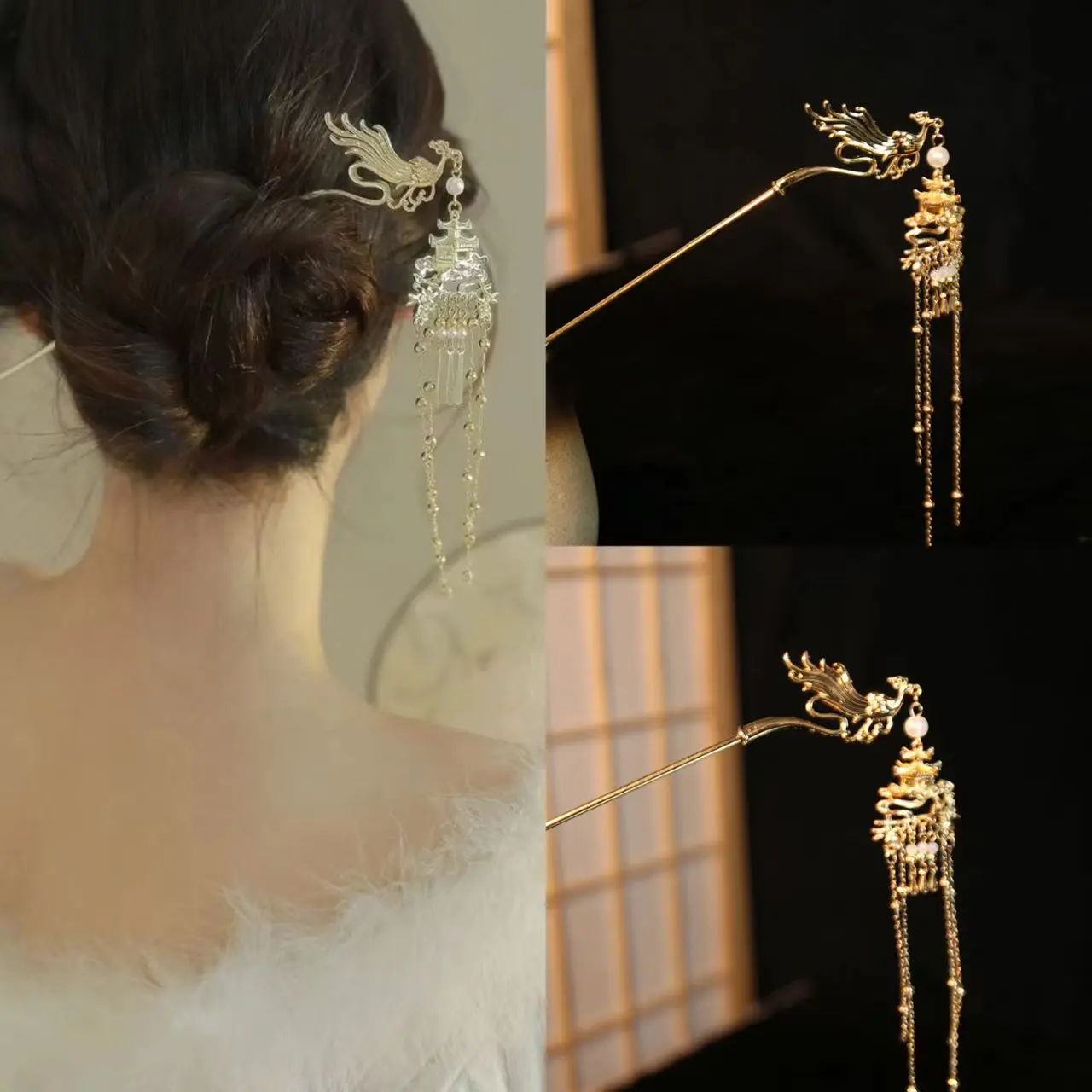 

Chinese Phoenix Tassel Hairpin Vintage Gold Pearl Hair Stick Traditional Hanfu Bridal Hair Accessories