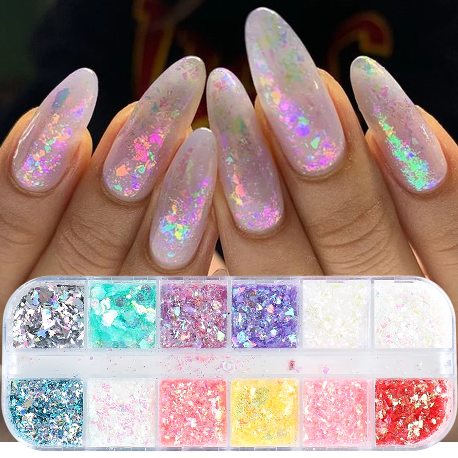 12 Grids 3D Flakes Aurora Nail Glitter Flakes Nail Chunky Sequins  Holographic Opal Powder For Manicure Nails Accessories