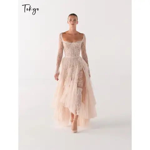 Tokyo Lace Long Sleeve Prom Dress Blush Pink Square Neck High Slit Bridal Shower Wedding Gown Evening Formal Party Maxi Gowns