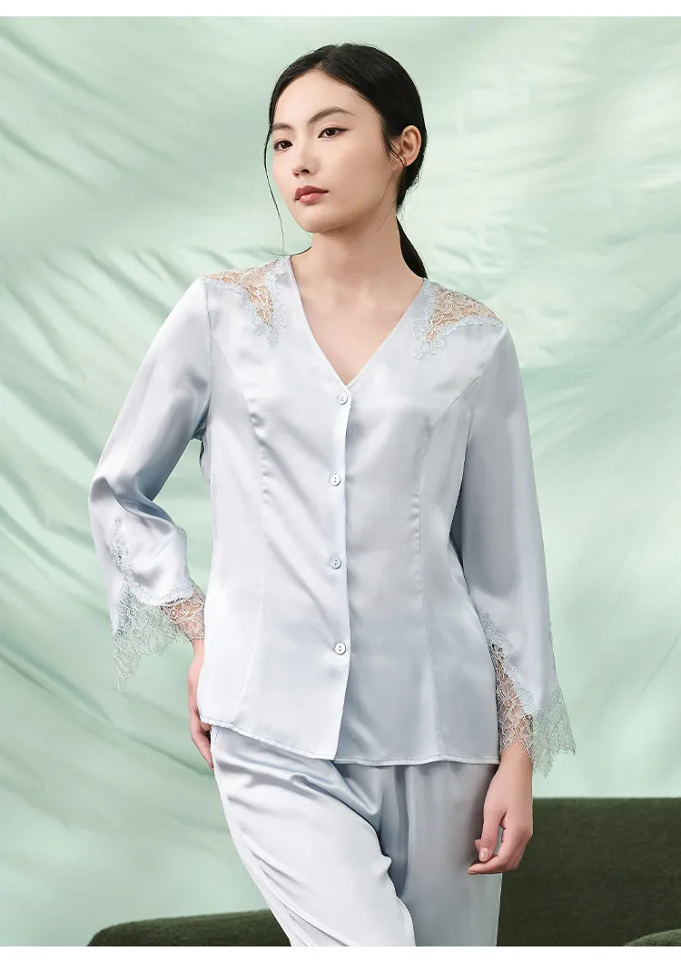 100% Natural Mulberry Silk Satin Pajama Set Women's Spring Summer Long Sleeve Top Long Pants Solid Lace Home Clothes Loungewear
