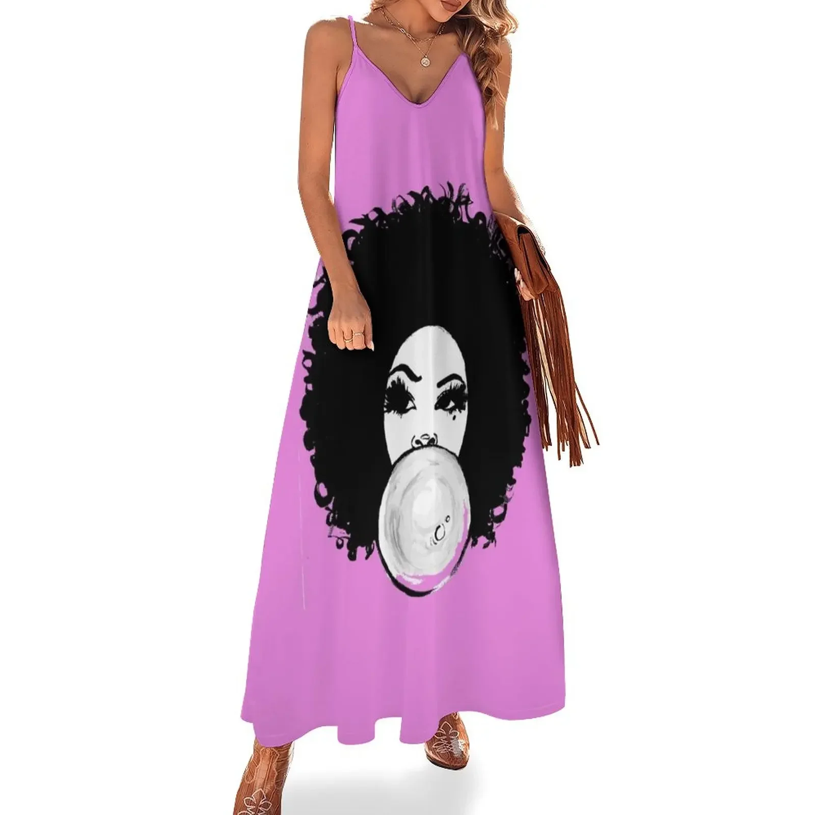 

Curly Afro Pretty Girl Black Hair Bubble Gum Poppin T-Shirt Tees Sleeveless Dress elegant guest wedding dress Long dress