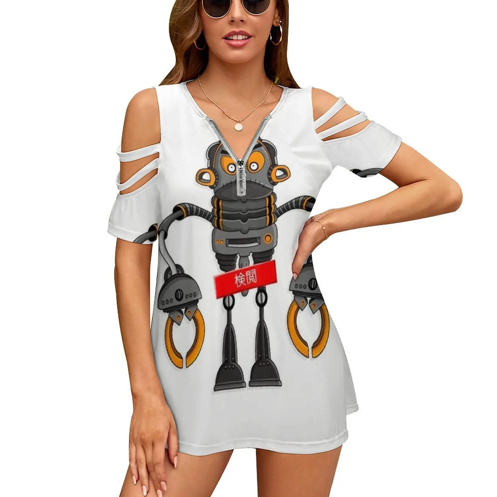 Dirty Robot Women's T-Shirt Summer Fashion Print Floral V-Neck Zipper Tshirt Hollow Pullover Ladies Top Robot Doodle