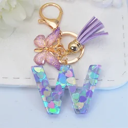 A-Z Fashion Tassel Butterfly 26 Letter Keychain Heart-shape Glitter Fill  Golden Key Ring for Women Girls Car Bag Phone Pendant