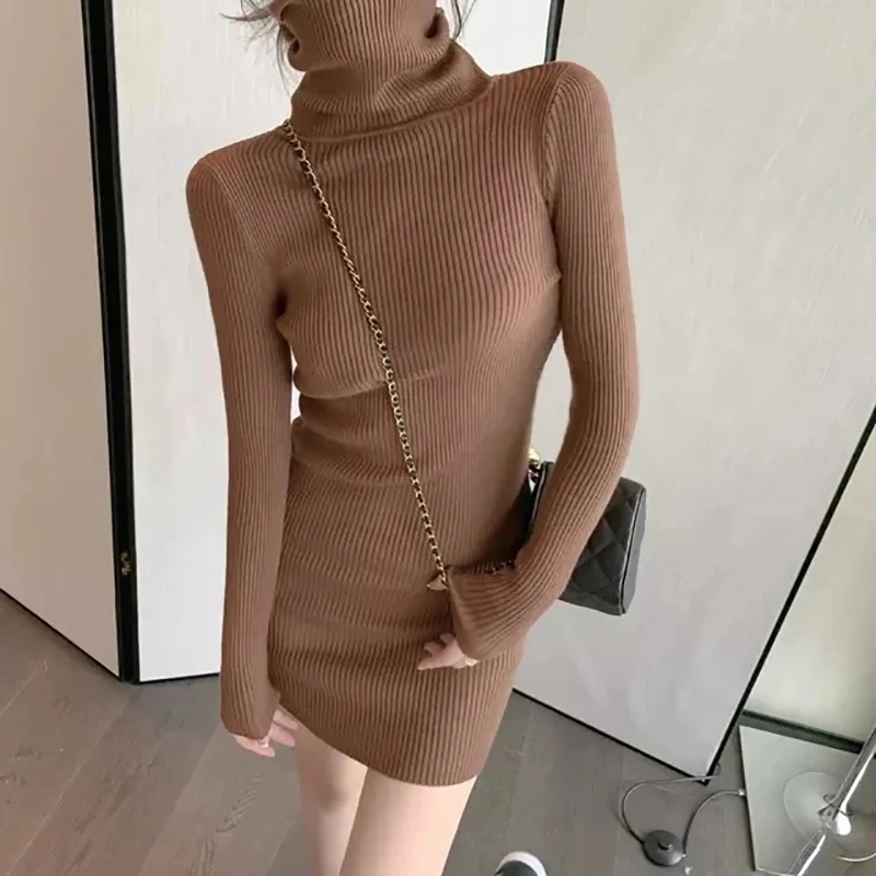 HELIAR Women Autumn Turtleneck Thicken Warm Bodycon Dress Long Sleeve Knit Solid Office Pullover Dress For Women 2024 Winter