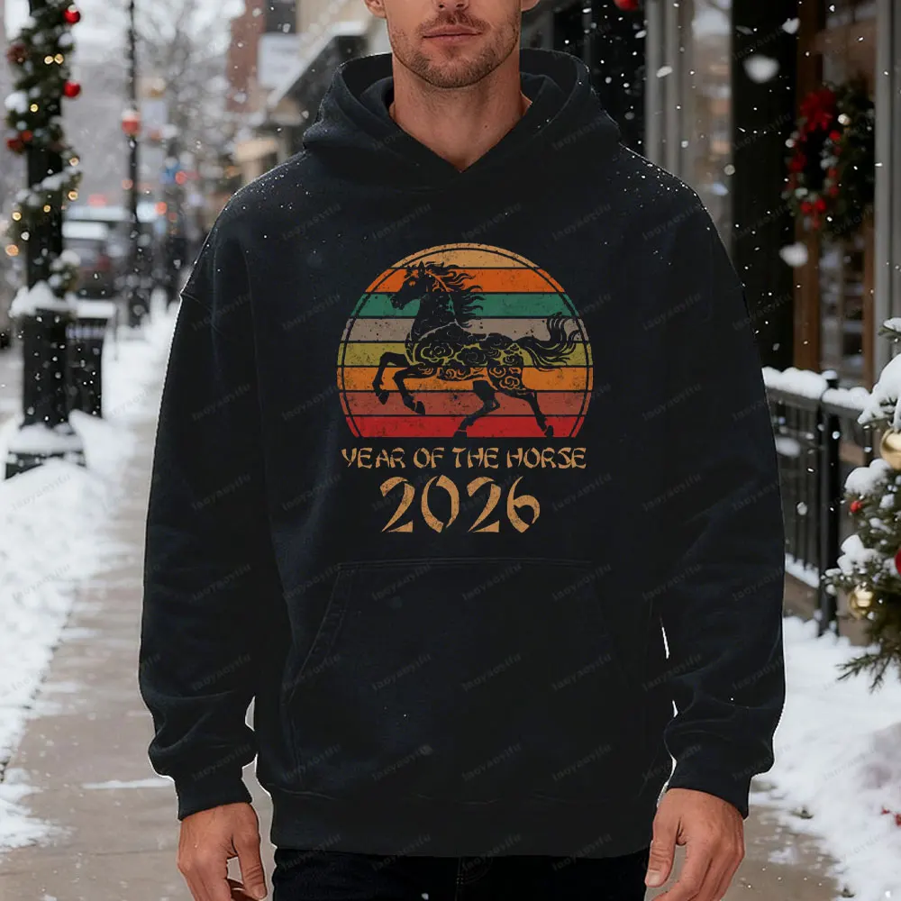 

Зимние мужские толстовки с китайским зодиаком и лошадью, 2026, украшения, год лошади, 2026, пуловер на Новый год, весенний фестиваль, толстовка с капюшоном