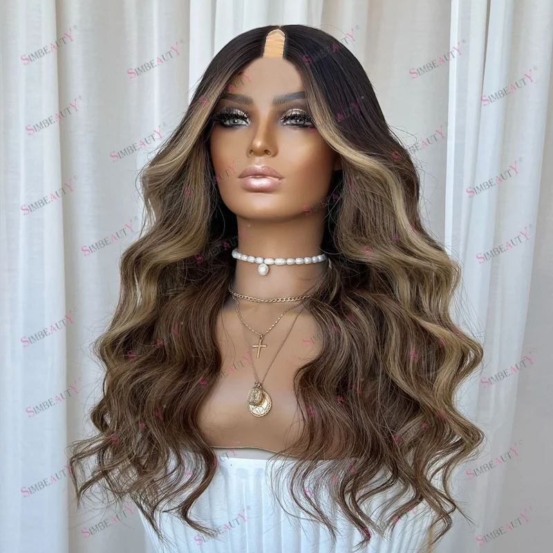 

Cheap Full Machine Made Highlight Neutral Brown U Part Remy Human Hair Wigs with Clips Glueless Black Women Easy Wear V Part Wig