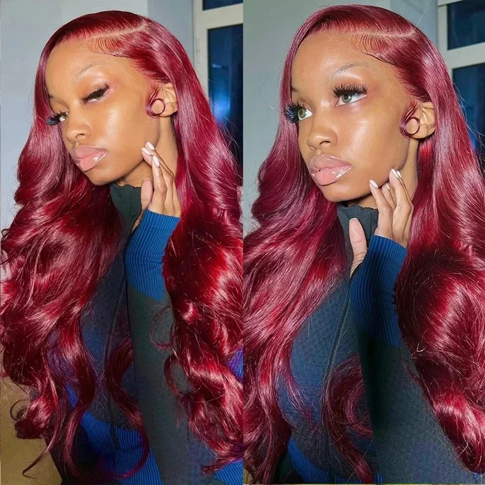 

Парик из натуральных волос 220% Body Wave, цвет бордовый 99J, 50 дюймов, с кружевной передней частью 13x6 HD, прозрачный кружевной фронтальный парик, предварительно выщипанные волосы