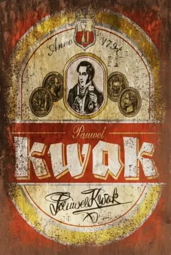 Placa de metal estilo retrô com visual vintage da publicidade da cerveja Kwak Brewery Bélgica, placa para bar/pub.
