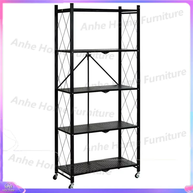 Foldable Metal 5 Tier Kitchen Storage Rack Standing Shelf Organizer Removable Pantry Cabinet for Home Bathroom Living Room