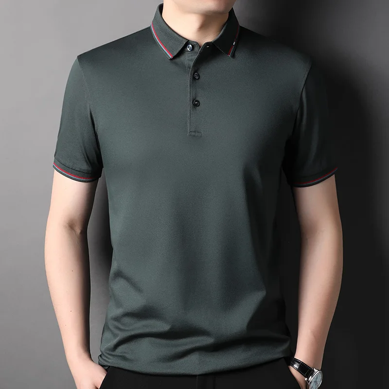 

2022 Mulberry Silk Summer Men's Polo Shirts Luxury Short Sleeve Business Casual Male T-shirts Simple Solid Color Thin Man Tees