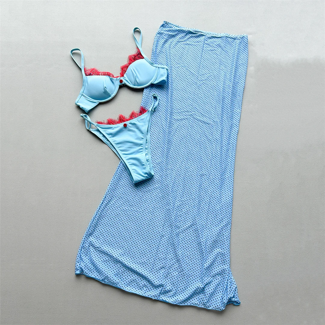 Mit Polka-Dot-Rock, Spitze, Bikini, Damen-Badebekleidung, dreiteiliges Bikini-Set, Badeanzug, Badebekleidung, Schwimmbekleidung V8464 – Detail 6