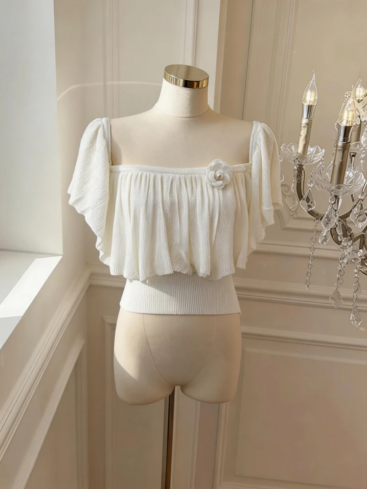 

Slimming Knitted One-Shoulder Top with Lace Trim Korean Style Commute Straight Body Summer New Arrival Women's Fashion