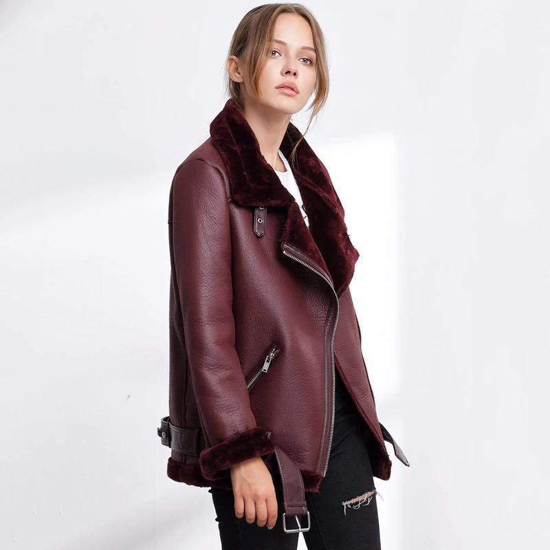 FTLZZ Autumn Winter Faux Soft Leather Women Faux Lamb Leather Jacket Coat Warm Fur Collar Motorcycle Black Punk Zipper Outerwear