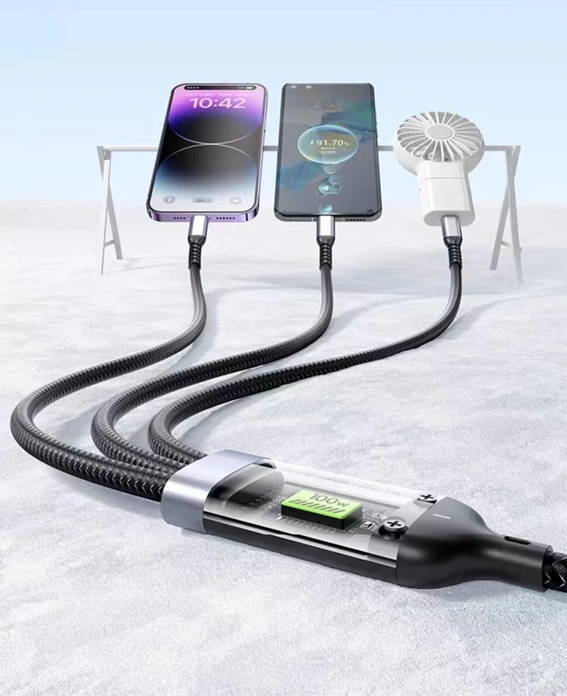 4PCS 3-IN-1 100W Nylon Woven Fast Charging Cable With Type-C, Micro USB, IP Port Compatible With Multiple Devices Multi Port Multiple Charging Wire