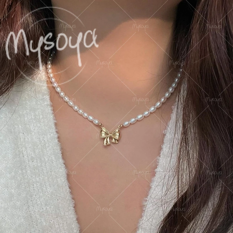 MYSOYA 5-6mm White Rice Freshwater Pearl Necklace, Bow Pendant,for Birthday/Wedding/Mother's Day/Father's Day Gift  A0934