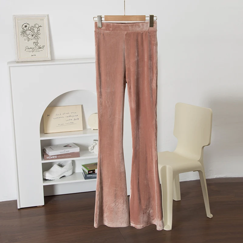 Pantaloni larghi sottili elastici in velluto a vita alta retrò americani Pantaloni lunghi micro svasati Pantaloni lunghi da donna Pantaloni casual