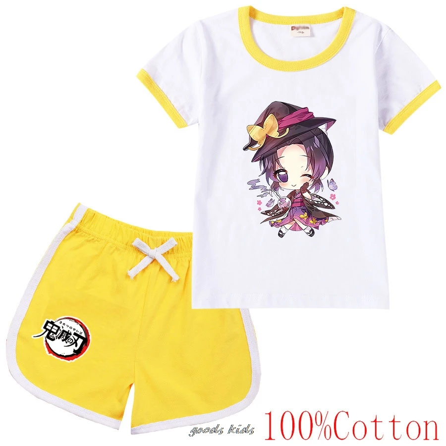 Hot Demon Slayer Set di t-shirt girocollo in cotone per bambini estivi adatto a ragazzi e ragazze di età compresa tra 2-15 Set di pantaloncini Casual e comodi