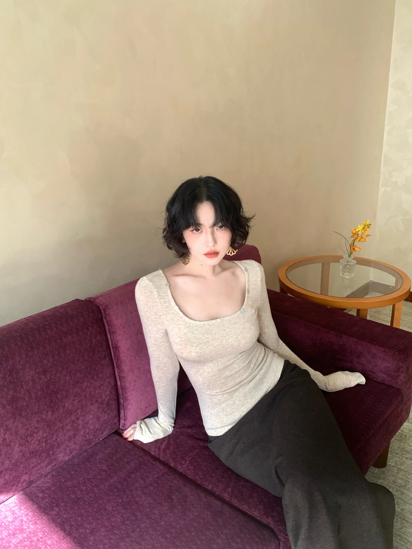 

Ele Vintage Button-Up Low Ne Square Collar Base irt Women's Winter Faion Classy Underwear T-irt Cotton Blend