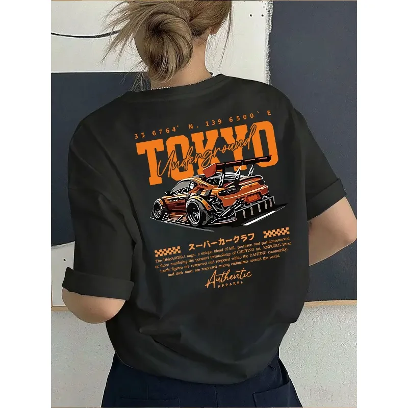 Trendy Women's Tokyo Automotive Printed Casual T-shirt Four Seasons New Style Men's and Women's Same Style T-shirt