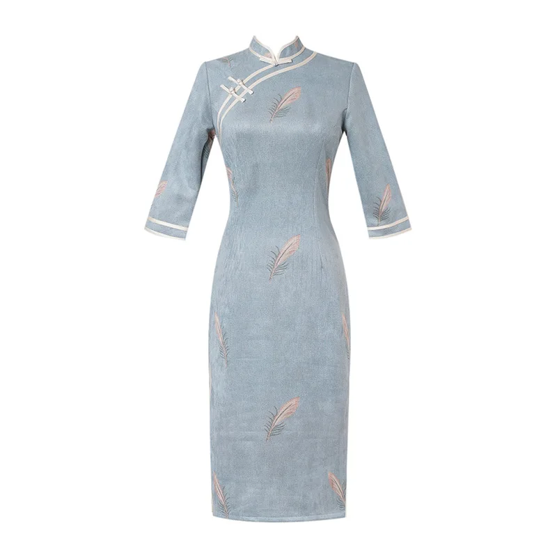 

Women Blue Cheongsam Feather Print Long Sleeve Vintage Dress Slim-fit Chinese Style Mid Long Qipao S To XXL