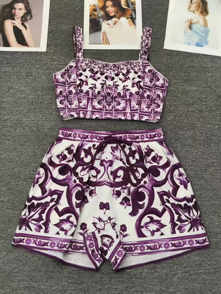 

Retro geometric print camisole strapless top two-piece set for 2025 summer women's clothing+drawstring shorts fashion set