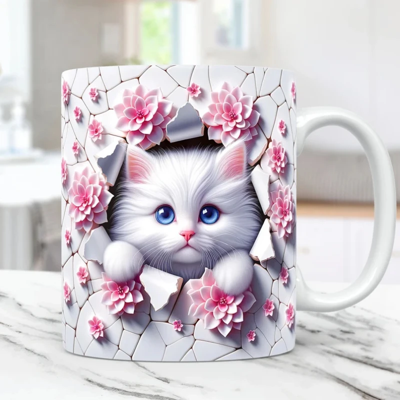 3D Painted Cat Ceramic Mug, Cat Pattern, Cute Kitten Pattern, Coffee Mug, Milk Latte Cup for Cat Lovers, Funny Birthday Gift